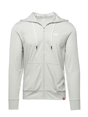 Front view of Essentials 2.0 Men’s Dual Soft Full Zip Hoodie in heather gray with full zip, hood, drawstrings, and front pockets
