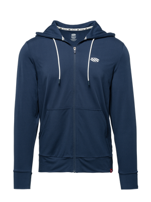 Front view of navy Essentials 2.0 Men’s Dual Soft Full Zip Hoodie with hood, drawstrings, full zip, and kangaroo pockets