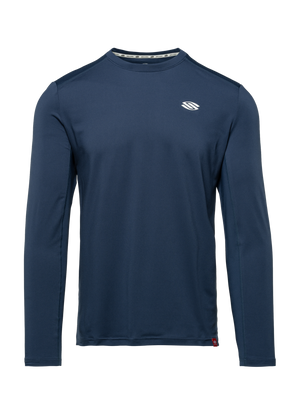 Front view of Essentials 2.0 Men’s Sport-Wik Long Sleeve Tee showcasing navy fabric and Selkirk logo on a plain background