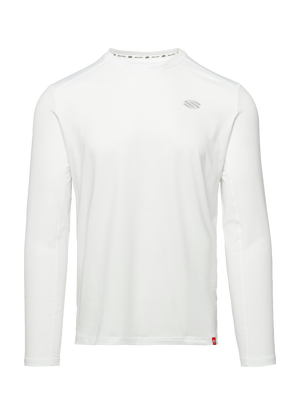 Front view of Essentials 2.0 Men’s Sport-Wik Long Sleeve Tee showcasing its white long-sleeve design and chest logo on a plain background