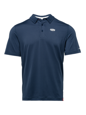Front view of Essentials 2.0 Mens Sport Wik Short Sleeve Polo showcasing navy color and button placket on transparent background