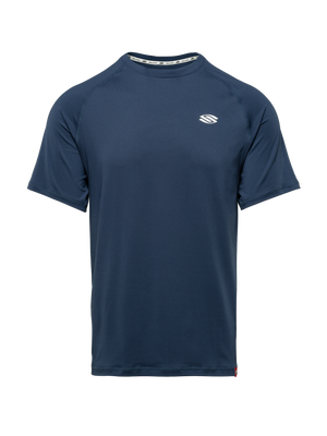 Front view of Essentials 2.0 Men’s Sport-Wik Short Sleeve Tee showcasing navy fabric and white chest logo with a plain background