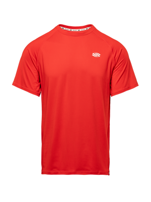 Front view of red Essentials 2.0 Men’s Sport-Wik short sleeve tee showcasing a white Selkirk logo against a plain background