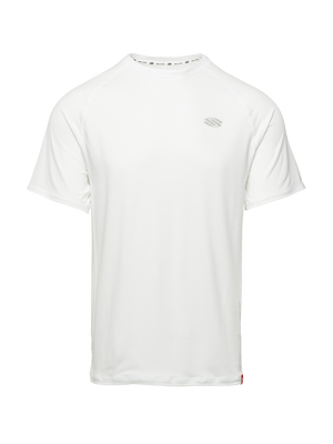 Front view of Essentials 2.0 Men’s Sport-Wik Short Sleeve Tee showcasing white fabric, short sleeves, and chest logo on a plain background