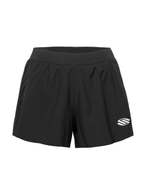 Front view of Essentials 2.0 Womens 2.5 inch Inseam Shorts showcasing black fabric, elastic waistband, and Selkirk logo