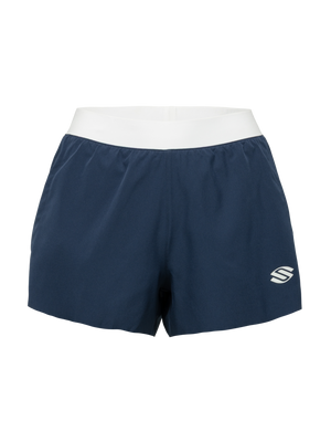 Front view of Essentials 2.0 women’s two and a half inch inseam shorts with navy fabric, white waistband, and Selkirk logo