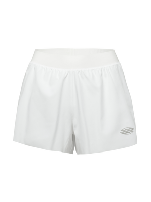 Front view of white Essentials 2.0 Women’s Performance 2.5 inch Inseam Shorts showcasing elastic waistband and Selkirk logo