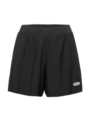Front view of black Essentials 2.0 Women’s Performance 5 inch inseam shorts showcasing wide waistband and Selkirk logo