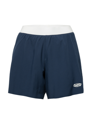 Front view of navy Essentials 2.0 women’s performance 5-inch shorts with white waistband and Selkirk logo