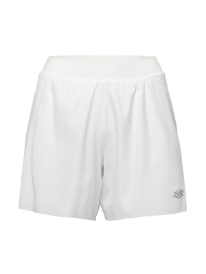 Front view of white Essentials 2.0 women’s 5 inch inseam shorts with elastic waistband and Selkirk logo on an isolated background