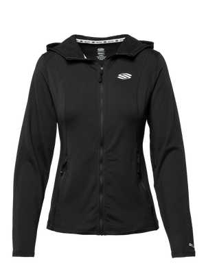 Front view of Essentials 2.0 Women’s Dual Soft Full Zip Jacket showcasing black hooded design, full zip, and zippered pockets