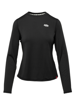 Front view of Essentials 2.0 Women’s Sport-Wik Long Sleeve Tee showcasing black long sleeves and chest logo on a plain background