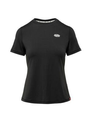 Front view of Essentials 2.0 Women’s Sport-Wik Short Sleeve Tee showcasing black fabric and white Selkirk logo