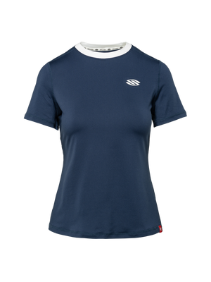 Front view of Essentials 2.0 Women’s Sport-Wik Short Sleeve Tee in navy with a Selkirk logo on a plain background