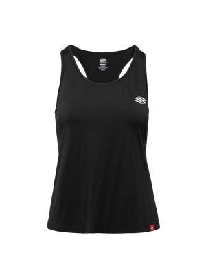 Front view of Essentials 2.0 Women’s Sport-Wik Tank Top showcasing black fabric, sleeveless cut, and Selkirk logo