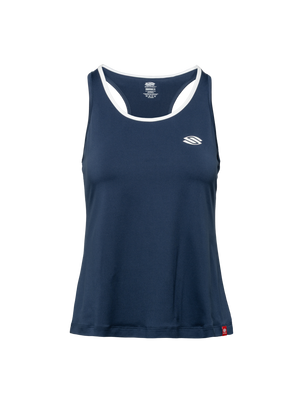 Front view of Essentials 2.0 Women’s Sport-Wik Tank Top showcasing navy fabric, white trim, and Selkirk logo on a transparent background