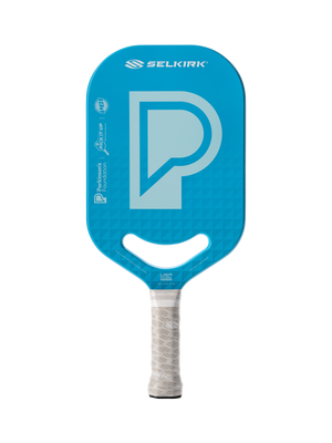 Blue SELKIRK pickleball paddle with large P logo and Parkinson's Foundation 'Pick It Up' branding