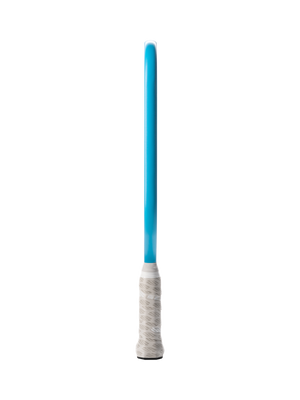 Blue foam exercise stick with white textured grip, shown vertically on black background.