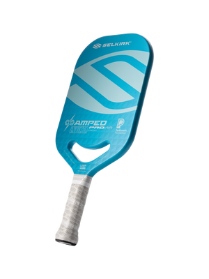 Angled view of Selkirk Invikta AMPED Pro Air pickleball paddle with throat cutout, white grip and Parkinson's Foundation logo