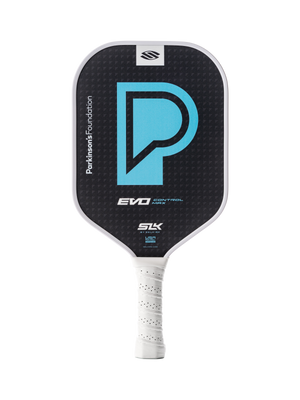 Front view of SLK x Parkinson’s EVO Control Max pickleball paddle showcasing Parkinson’s Foundation design with transparent background