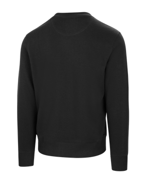 Back view of black crewneck sweatshirt with ribbed cuffs and hem.