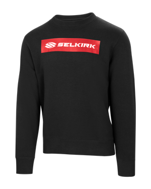 Black crewneck sweatshirt with red rectangular chest logo reading SELKIRK