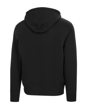 Back view of black hooded sweatshirt with ribbed cuffs and hem