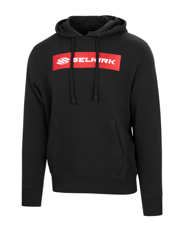 Black pullover hoodie with red block reading SELKIRK on chest, drawstrings and kangaroo pocket.