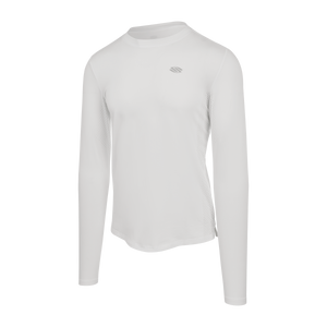 White long-sleeve athletic crew-neck shirt with small chest logo and perforated side panels on transparent background.
