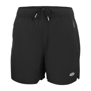 Black men's athletic shorts with drawstring waist, zippered side pockets, and a small logo on the lower left leg.