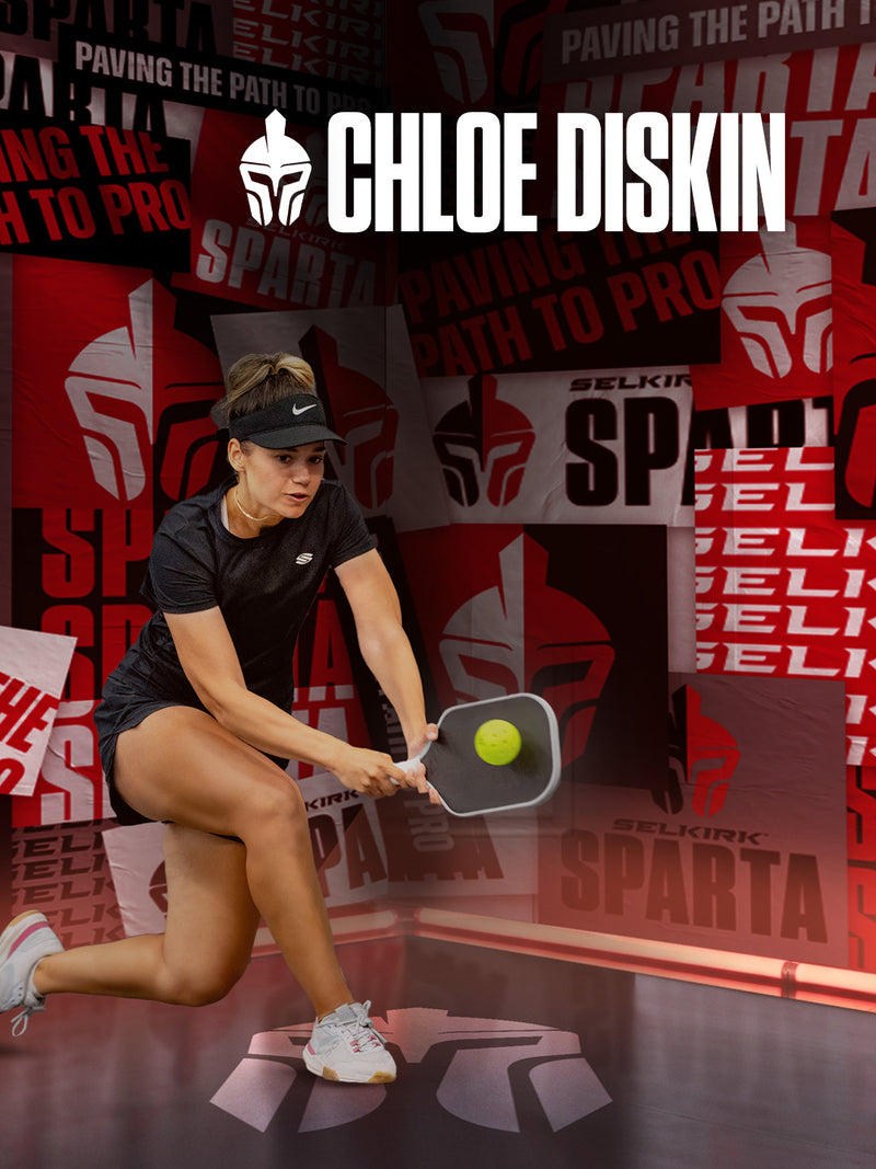 Official Selkirk Sparta pro team announcement poster for athlete Chloe Diskin wearing a black athletic top and visor, featuring 'Paving the Path to Pro' campaign branding.