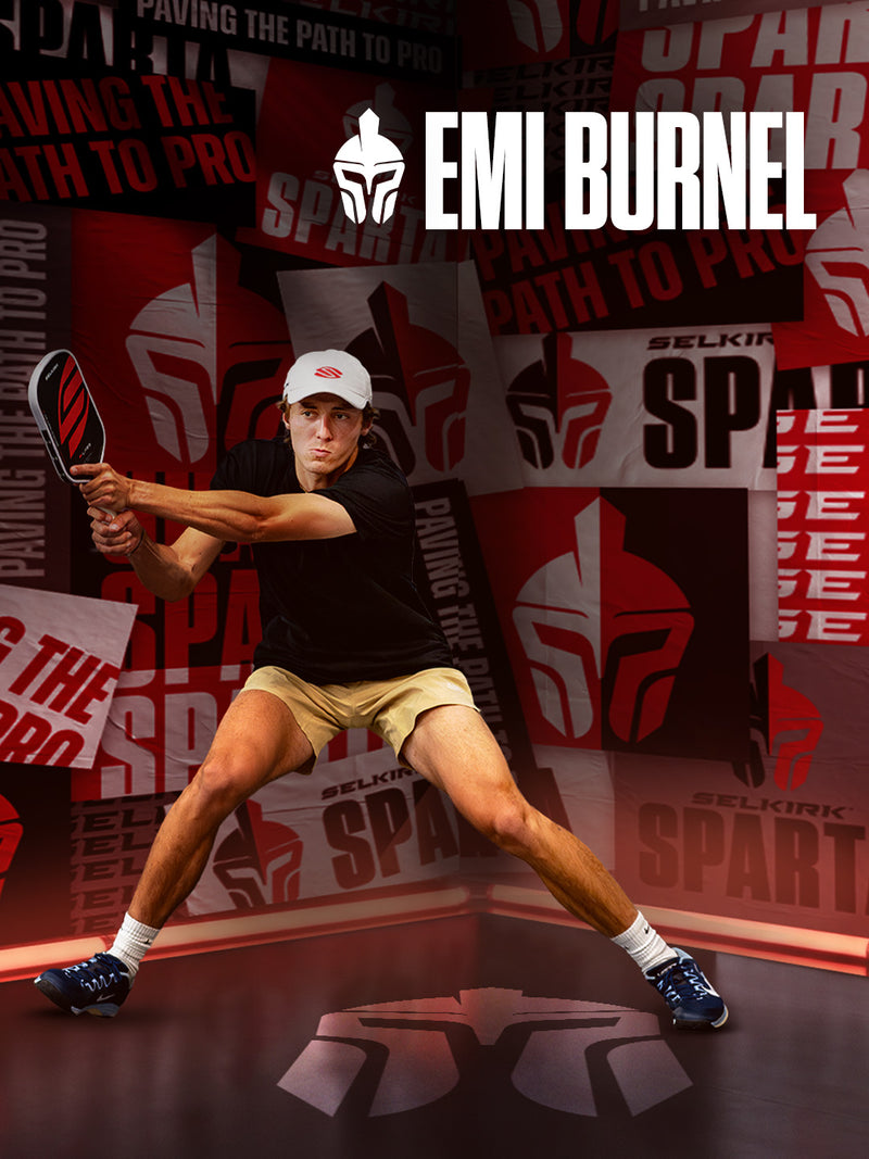 Official Selkirk Sparta pro team roster poster for athlete Emi Burnel in a blue athletic shirt and black cap, featuring the 'Paving the Path to Pro' campaign branding.