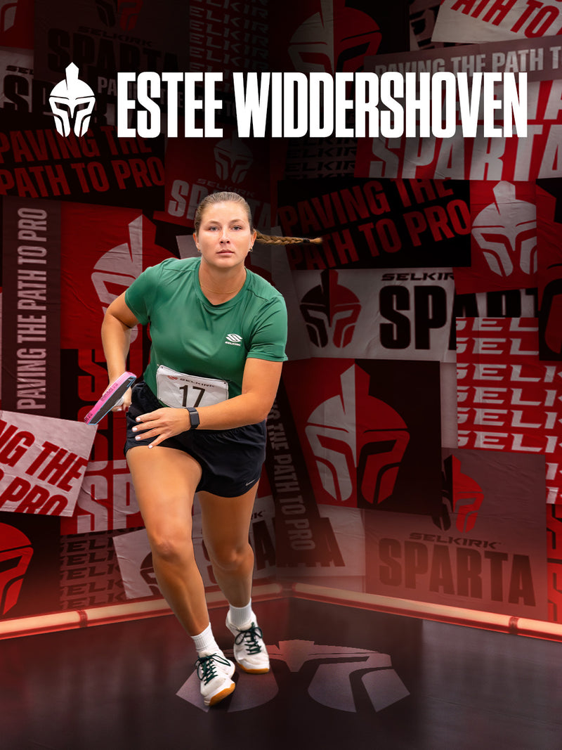 Official Selkirk Sparta pro team roster announcement poster for athlete Estee Widdershoven, featuring the 'Paving the Path to Pro' campaign slogan and branding.