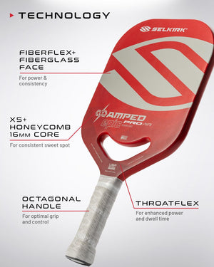Red Selkirk AMPED Epic Pro Air pickleball paddle showing labeled tech: Fiberflex+, X5+ core, octagonal handle, Throatflex