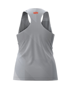 Gray racerback athletic tank top, back view; subtle geometric pattern and small orange logo at upper center.