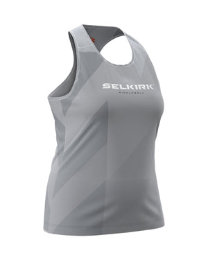 Gray women's sleeveless athletic tank top with SELKIRK PICKLEBALL logo and diagonal geometric pattern.