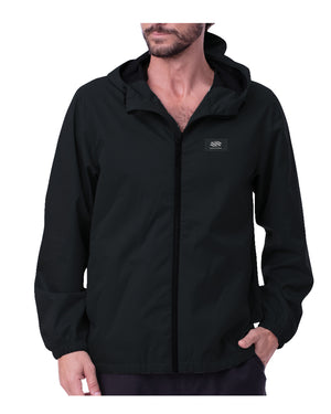 Man wearing a black Selkirk Spring Owen Men's Bunker Lightweight Hooded Windbreaker with a hood and front zipper, shown from mid-thigh up.
