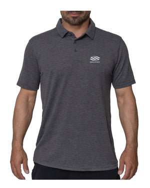 Front view of men's gray Selkirk Pickleball polo shirt with short sleeves, three-button placket, chest logo