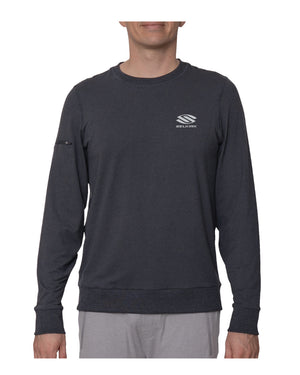 Front view of Selkirk Spring Owen Rafa shirt showing dark gray long sleeves, logo, and sleeve zip pocket on white