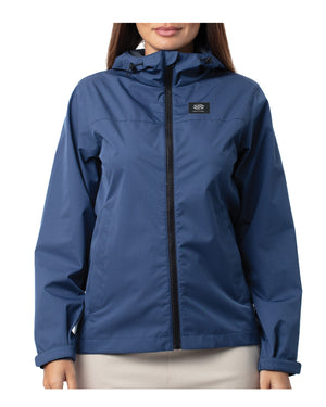 Women’s navy blue hooded rain jacket with front zipper and small logo patch on left chest.