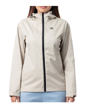 Front view of Selkirk Spring Owen Tina women's hooded windbreaker in beige showing black zipper, hood and chest Selkirk logo on white background