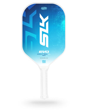 Blue-to-white SLK EVO Control XL 2.0 pickleball paddle with USA Pickleball logo, white grip