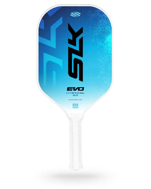 Blue gradient EVO HYBRID XL 2.0 pickleball paddle with vertical SLK logo and small USA mark