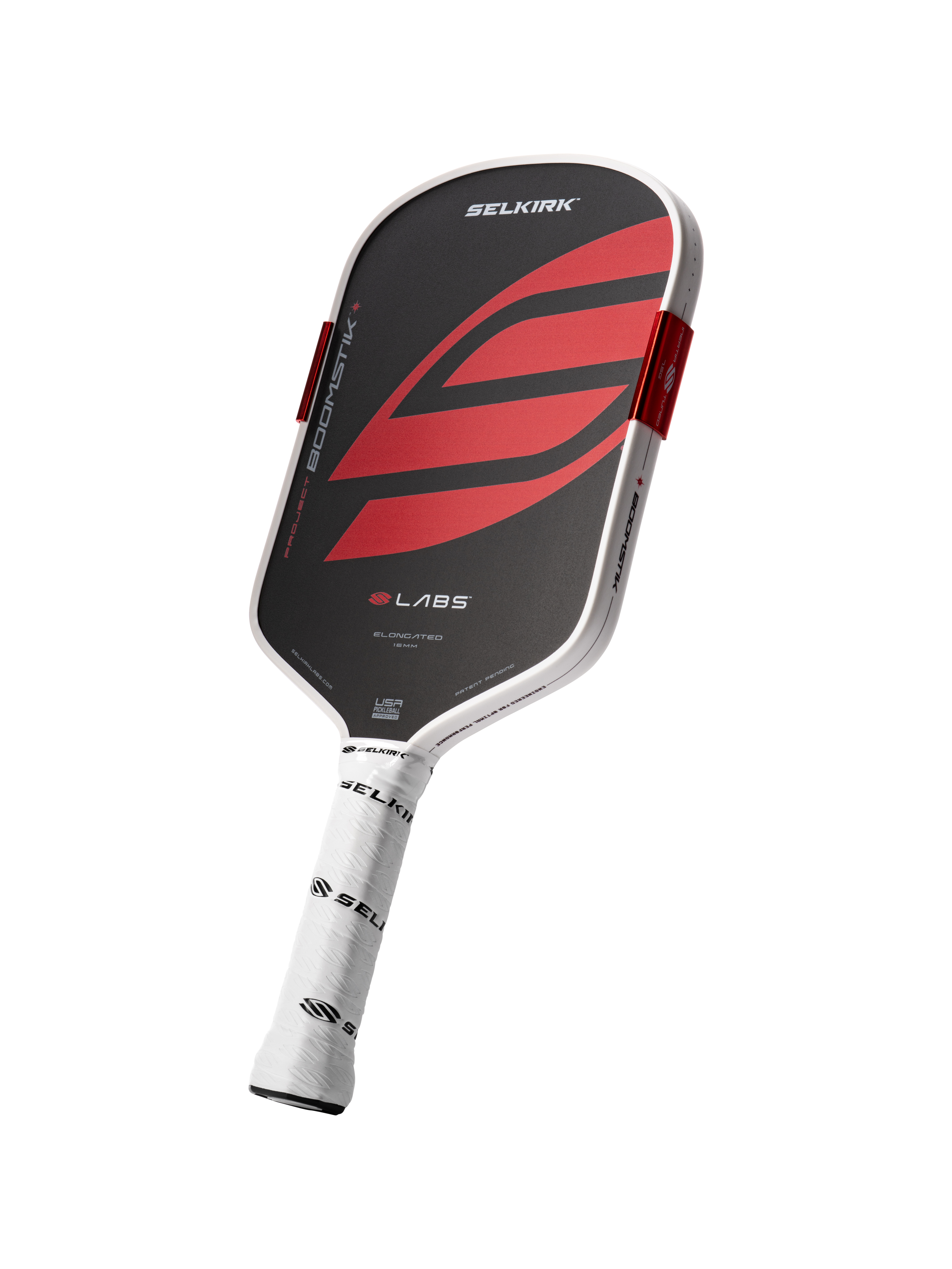 SELKIRK PROJECT BOOMSTIK S LABS ELONGATED 16MM USA — black-and-red pickleball paddle with white wrapped grip