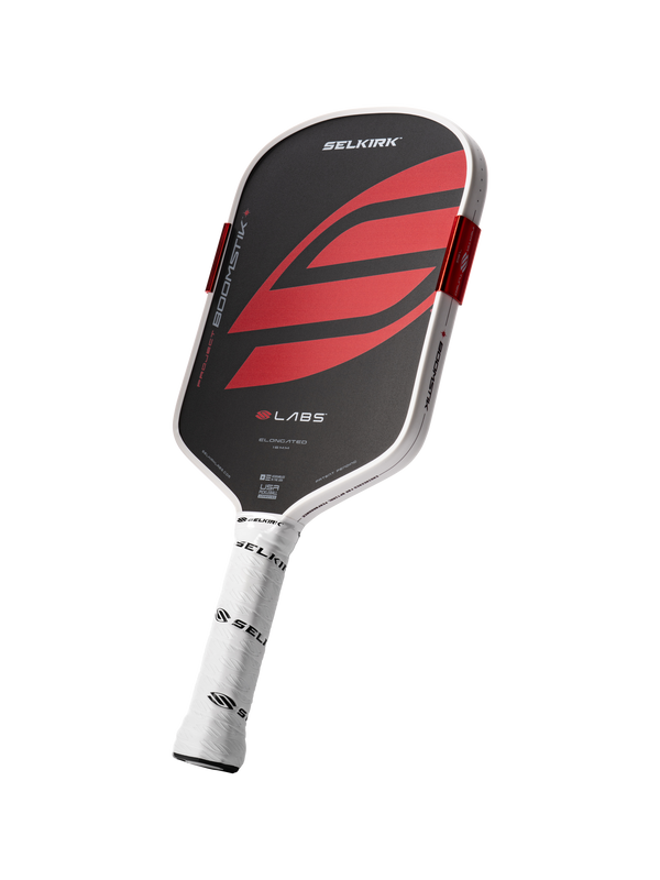 Selkirk LABS Project Boomstik pickleball paddle elongated shape in black, red, and white.