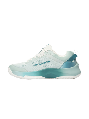 Light aqua and teal athletic sneaker, side view, mesh upper with 'SELKIRK' logo