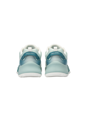 Rear view of teal athletic sneakers, pair with white soles and heel tabs reading SELKIRK.