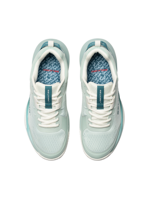 Pair of light teal Skechers athletic sneakers, top view showing white laces and patterned insoles.