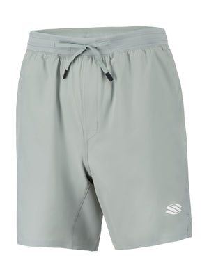 Light sage athletic shorts with elastic drawstring waistband and small white S logo on left hem
