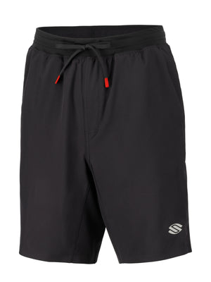 Men's black athletic shorts with elastic waistband and tied drawstring with red tips, small S-shaped logo on lower-right hem